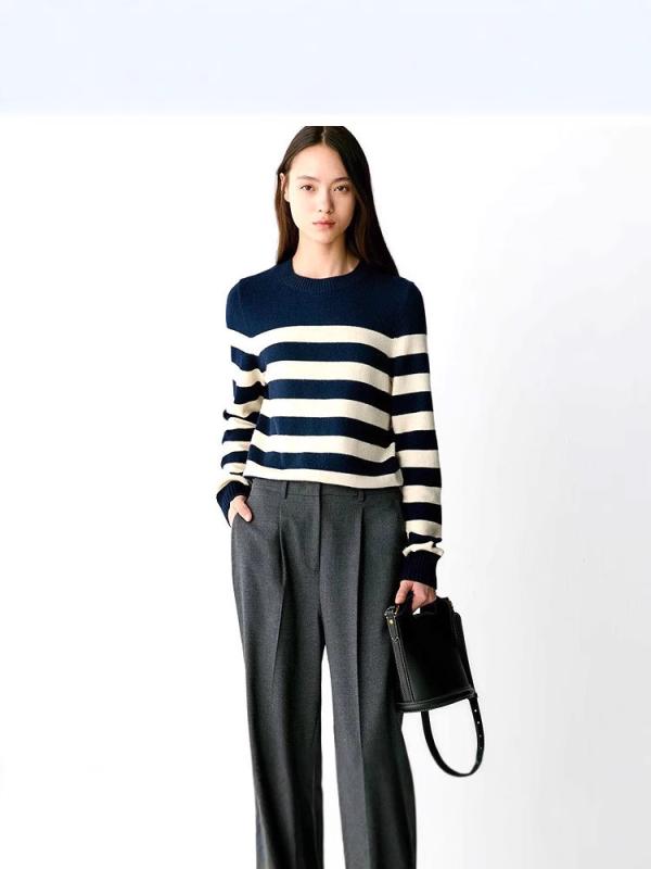ニット トップス 女性用 春夏 薄手 丸首 長袖 ストライプ 切り替え コットン混 軽量 伸縮性 普段使い セットアップ ブラック グレー かわいい シルエット