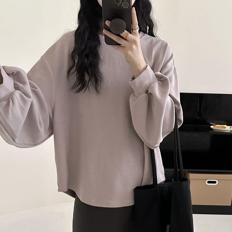 長袖プルオーバー 秋冬 お上さん用 ゆったり 填まる セットインスリーブ 労働者の一団のど首 第一義的 トップス 肌付き 綿織物 混紡 吸湿速乾 通い 普段使い走り お部屋着 軽さ 伸縮性 分かりやすい  黒いこと 薄墨色 ベージュ 秋冬 ユニ一発やる