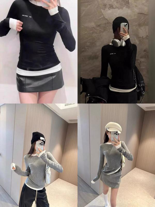 Tシャツ レディース 春夏 偽ツーピース ダブルカラー スリムフィット ロゴプリント ラウンドネック 長袖 ファッション ベーシック トップス コットン混 吸湿速乾 軽量 伸縮性 ブラック ホワイト グレー 通勤 普段使い