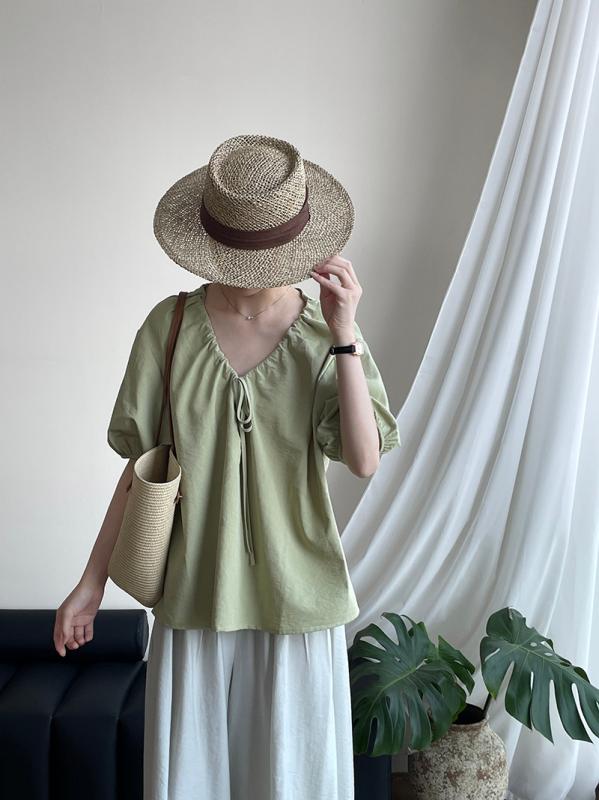 ブラウス レディース Vネック ドローストリング トップス 女性用 ゆったり シンプル 百搭 シャツ 吸湿速乾 綿素材 普段使い ブラック ピンク系 アイボリー 春夏 軽量 伸縮性 カジュアルスタイル