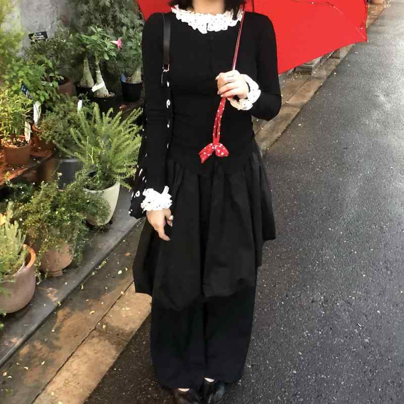 編み物 ジレー お上さん用 黒 長袖 ポルカ一点 花柄 スピード競技袖 相応う インナートップス 伸縮性 軽さ 通い 普段使い走り 秋冬