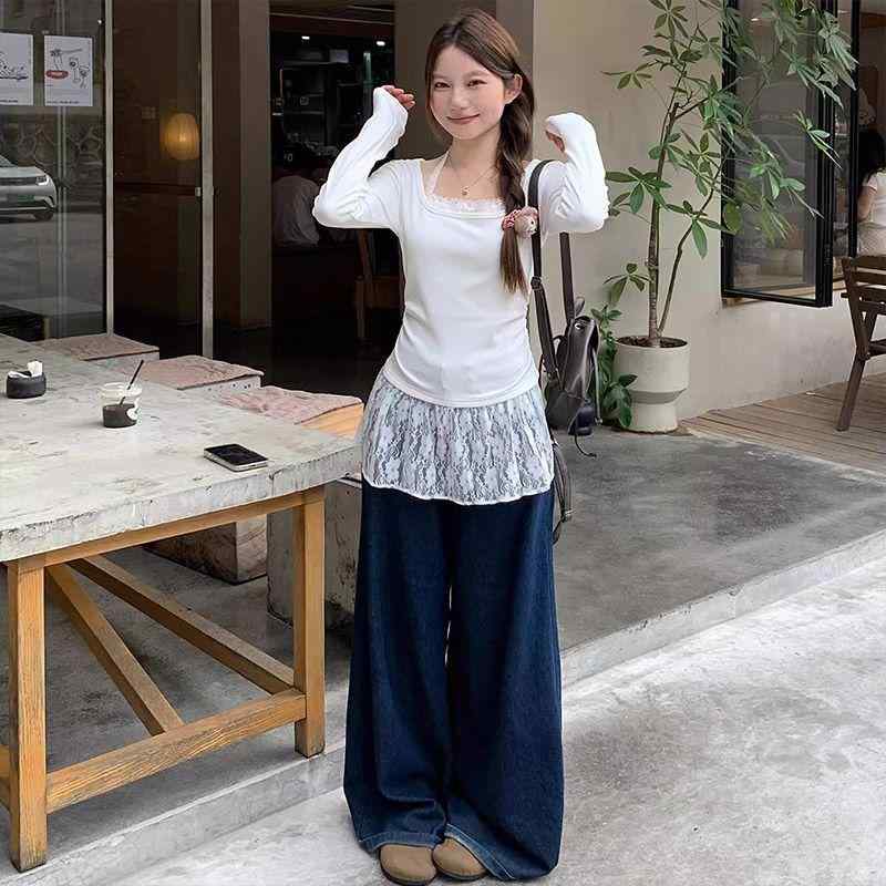 トップス 女性用 韓国 バレエ フェイクツーピース レース ハンギングネック 長袖 インナー シャツ ブラウス 春 春夏 スリムフィット 軽量 伸縮性 吸湿速乾 切り替えデザイン かわいい 普段使い 通勤用 部屋着