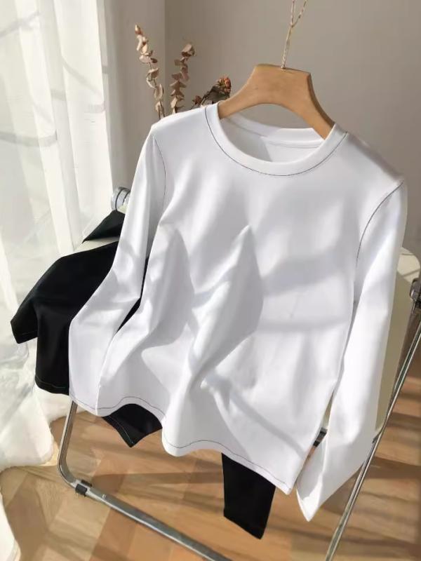 ロングスリーブ Tシャツ 女性用 シンプル ホワイト ラウンドネック インナー トップス コットン 素材 細身 シルエット 伸縮性 吸湿速乾 普段使い 通勤 通年