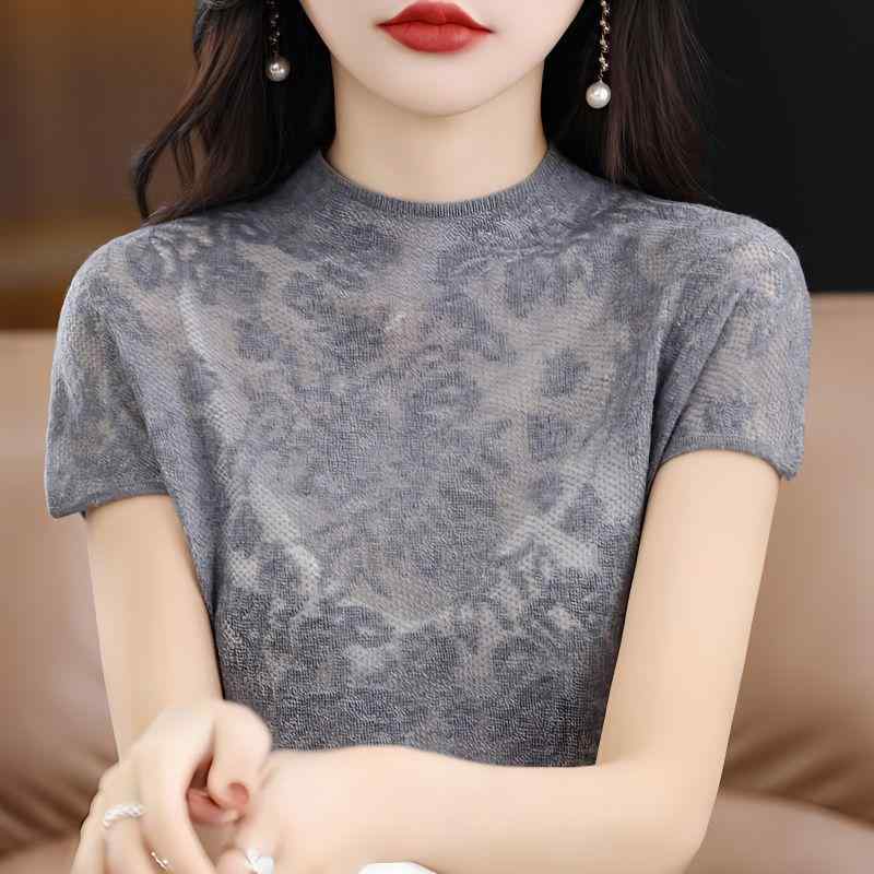 レディース トップス 接触冷感 薄手 ニット 春夏 クロシェ レース 半袖 シャツ カットアウト デザイン インナー かわいい 軽量 吸湿速乾 通勤 普段使い カジュアル