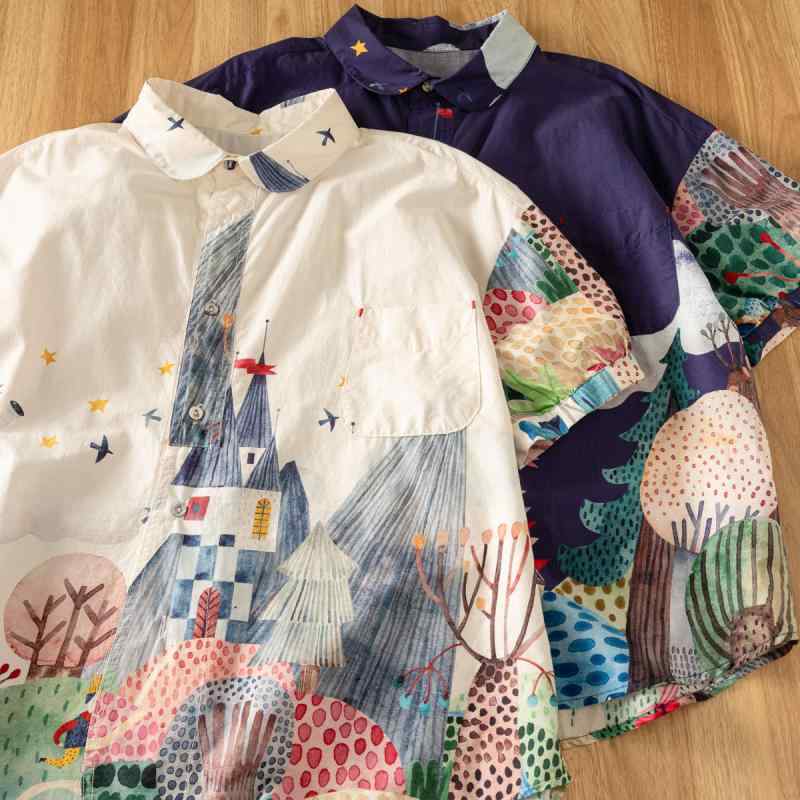 レディース シャツ トップス ゆったり ゆるシルエット カジュアル かわいい プリント 柄 スタンドカラー シングルブレスト ボタン 半袖 綿素材 夏服 春夏 軽量 通勤 普段使い 吸湿速乾 伸縮性 ブラック ピンク アイボリー