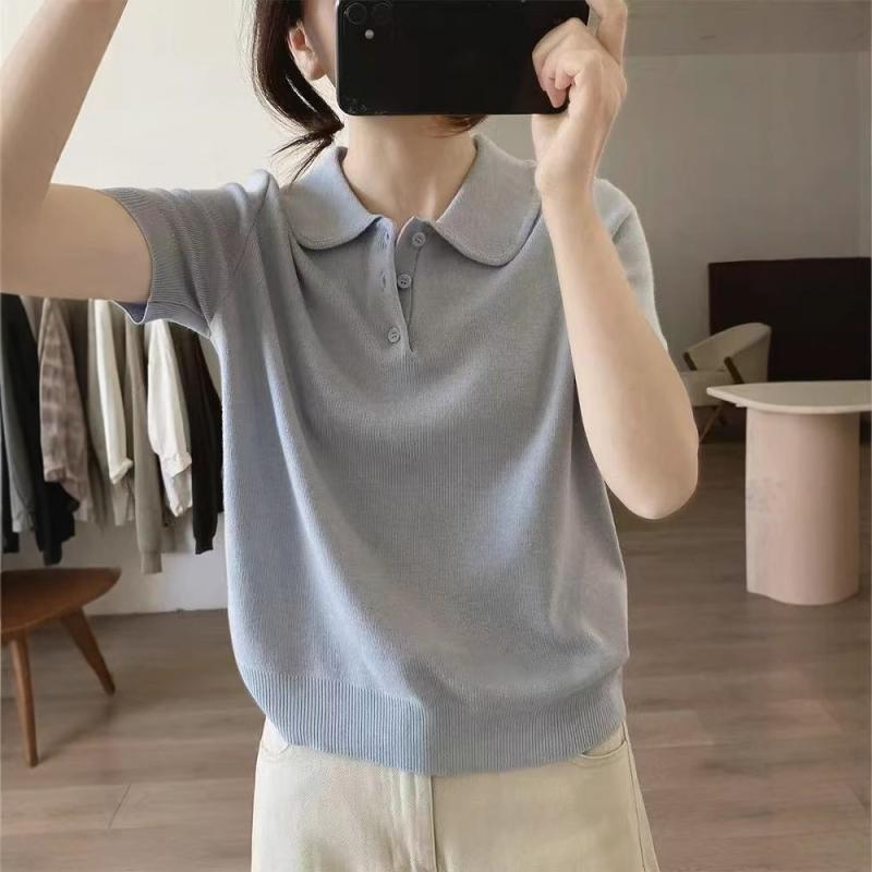 ニットトップス 女性用 かわいい シンプル 短袖 Tシャツ 上衣 減齢 春夏 軽量 伸縮性 綿混 ロング丈 ラウンドネック 部屋着 普段使い カジュアル ブラック ピンク系 アイボリー