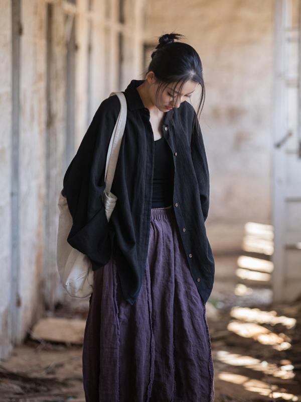 秋冬 女性用 麻 綿 ワンピース トップス シャツ 砂洗い加工 再生繊維 オリジナル ボヘミアン バットスリーブ クラシック ブラウス 軽量 柔らかい 肌触り ゆったりシルエット 普段使い 部屋着 秋冬 コーデ ベーシック アイテム アイボリー グレ