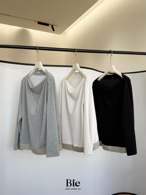 長袖 Tシャツ 女性用 春季 トップス ゆったり ワイドシルエット スリム効果 コットン混 切り替え ラウンドネック カジュアル 普段使い 軽量 伸縮性 ベーシック ブラック グレー|リバーパディ