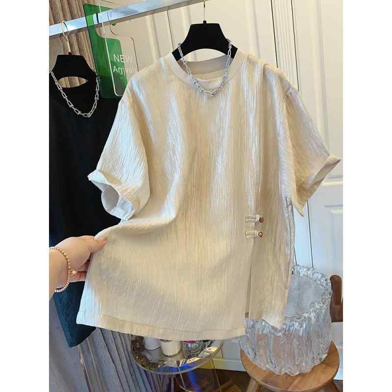 Tシャツ トップス 女性用 短袖 シャツ ブラウス ワイドシルエット 開きデザイン 夏用 接触冷感 再生繊維 フレア加工 光沢加工 テクスチャー ゆったり 涼しい 軽量 吸湿速乾 通勤 普段使い カジュアル