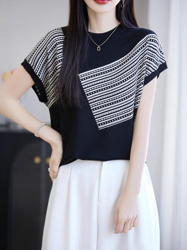 Tシャツ 女性用 春夏 薄手 レイヨン 天絲 ニット 短袖 上衣 小衫 切り替え デザイン スタイリッシュ 吸湿速乾 軽量 通勤 普段使い トップス カジュアル ブラウス