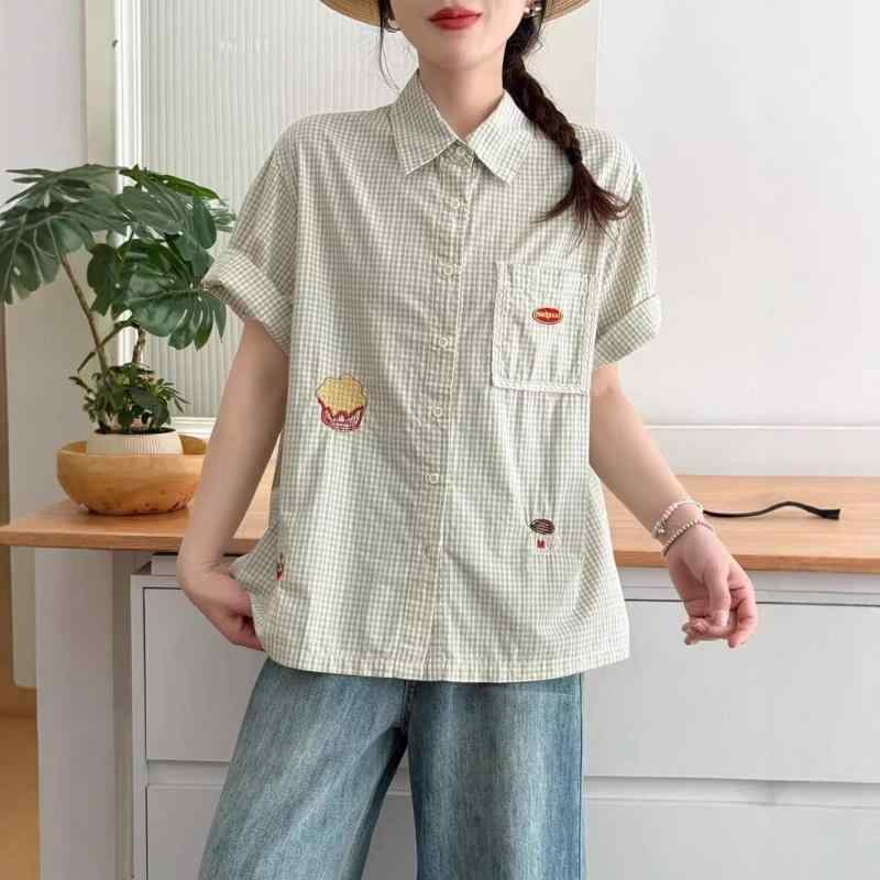 レディース シャツ トップス 短袖 開衫 ワイシャツ 春夏 綿 素材 格子柄 チェック柄 刺繍 ワイド ゆったり シルエット かわいい デザイン 軽量 通勤用 普段使い 吸湿速乾 接触冷感 カジュアル