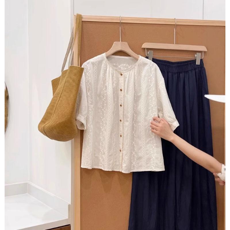 レディース 刺繍デザイン シャツ トップス 夏季 薄手 甘め 優しい ブラウス ジャケット カジュアル コットン 軽量 吸湿速乾 Vネック フレア袖 ピンク系 アイボリー 春夏 普段使い