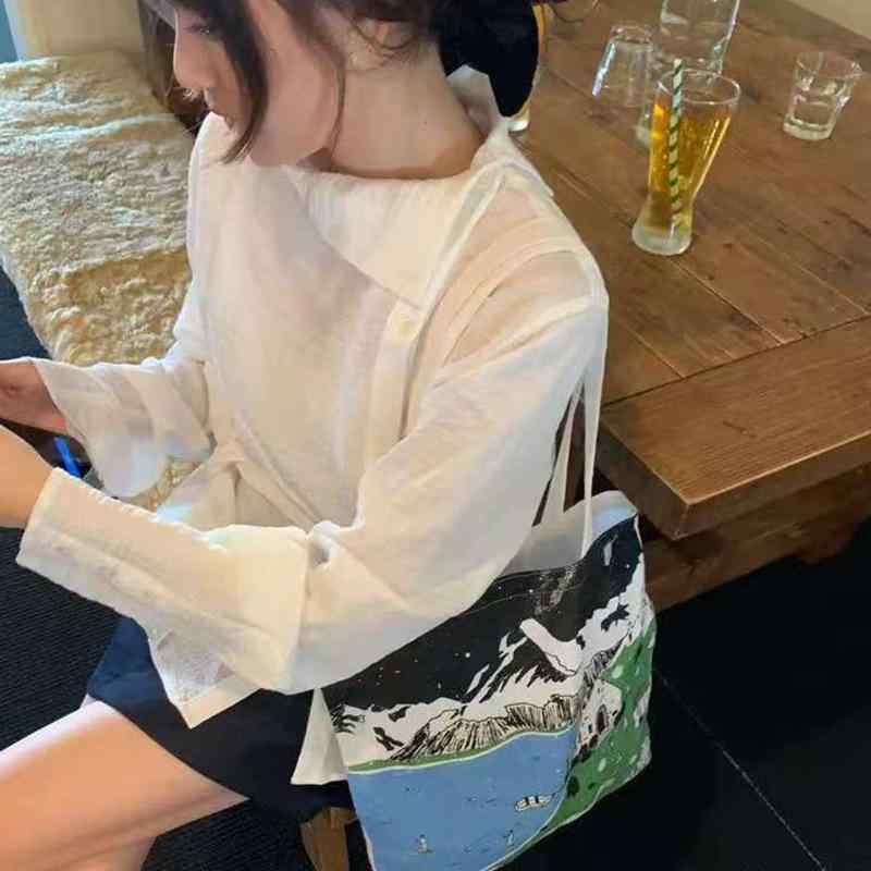 プルオーバー 亭主もち用 春夏 韓国 流行り物  自己同一性  不規則さ シングル名取り草 長袖 トップス 軽さ 綿原料品 伸縮性 通い 普段使い走り 黒いこと さくら色系 象牙色 ハイネック Vのど首 ビッグ影ぼうし 心地よい表現スタイル