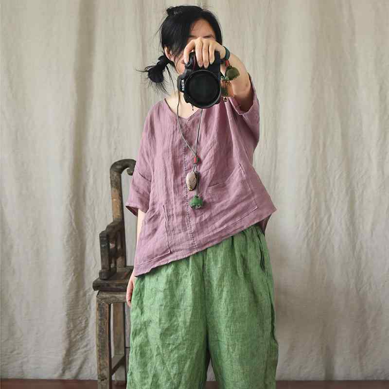 リネン プルオーバー お上さん用 盛夏 涼感 Vのど首 手縫い 刺しゅう ティーシャツ 短袖 トップス 軽さ 通気性 綿麻原料品 心地よい 普段使い走り トップ 口さかしい  分かりやすい 今めかしい