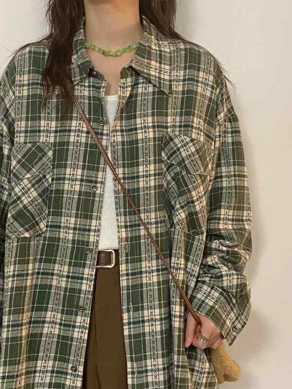 シャツ 女性用 秋冬 ロングスリーブ 長袖 ビンテージ アメリカンスタイル チェック柄 グラッドチェック ゆったりシルエット 小柄対応 ルーズフィット カジュアル トップス シャツジャケット コットン混 軽量 通勤 デイリー コーディネート ブラック