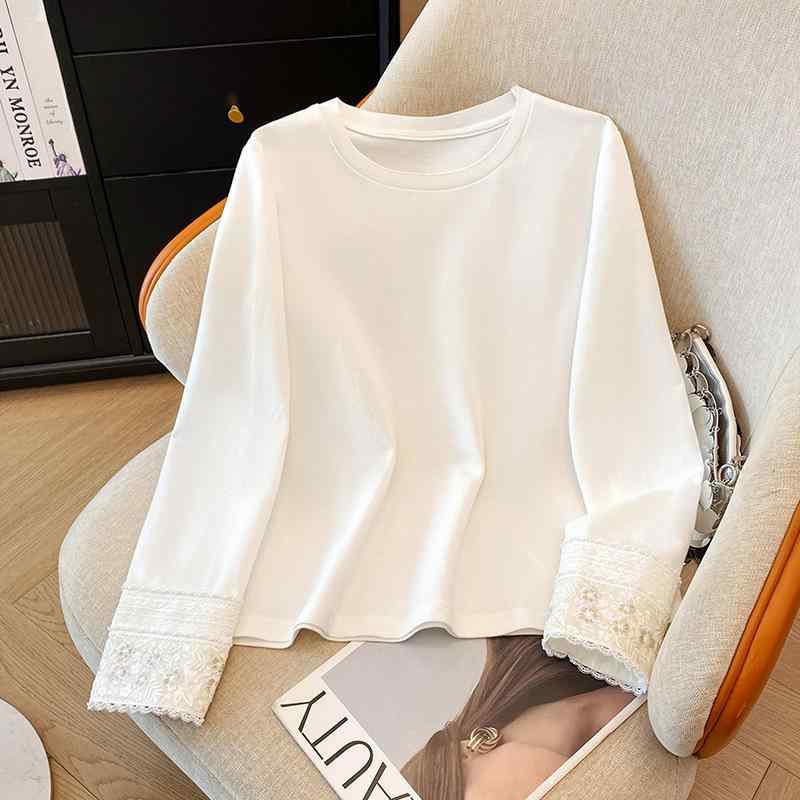トップス レディース 白色 袖口 レース 切り替え インナー 長袖 Tシャツ 女性用 ファッション 伸縮性 軽量 綿混 普段使い カジュアルスタイル ハイネック ブラウス シャツ トップス