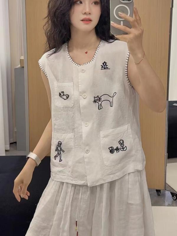 レディース 無袖トップ 漢麻原料品 刺しゅう隠し 夏用 人付き合い冷感 軽さ 通気性 うつり変わり 愛くるしげ 減年歳 百搭 シングル名取り草 トップス 綿混 ゆったり影ぼうし 普段使い走り 分かりやすい
