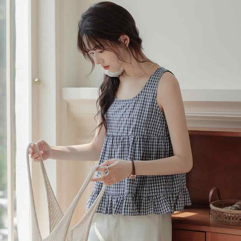 ノースリーブ ブラウス 女性用 春夏 無袖 綿素材 ブルーチェック柄 涼感 減齢 かわいい デザイン 軽量 吸湿速乾 通勤 普段使い トップス カジュアル シャツ インナー