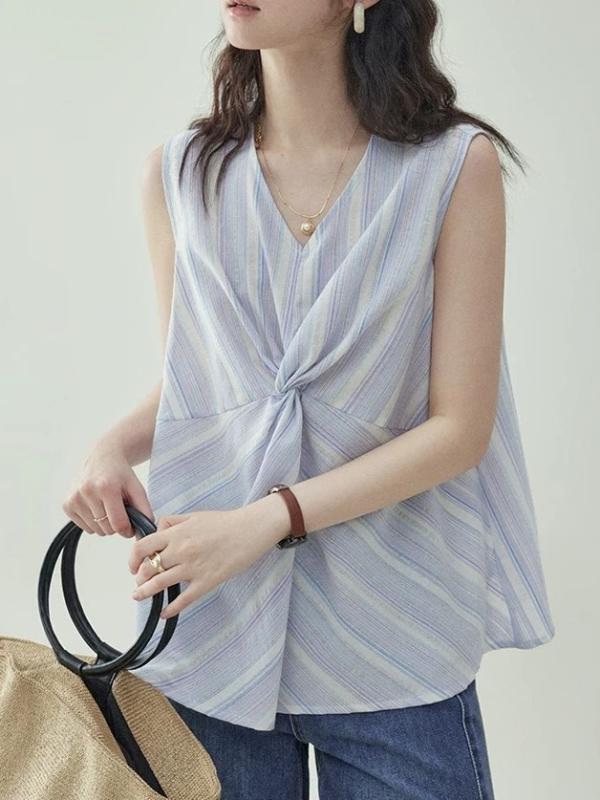 レディース トップス シャツ 韓流 スタイル ストライプ 柄 無袖 Vネック ツイスト デザイン 夏 春夏 ワイド シルエット 背心 タイプ 軽量 コットン 混 吸湿速乾 ブラック ホワイト ベージュ 普段使い 外出着 カジュアル コーデ