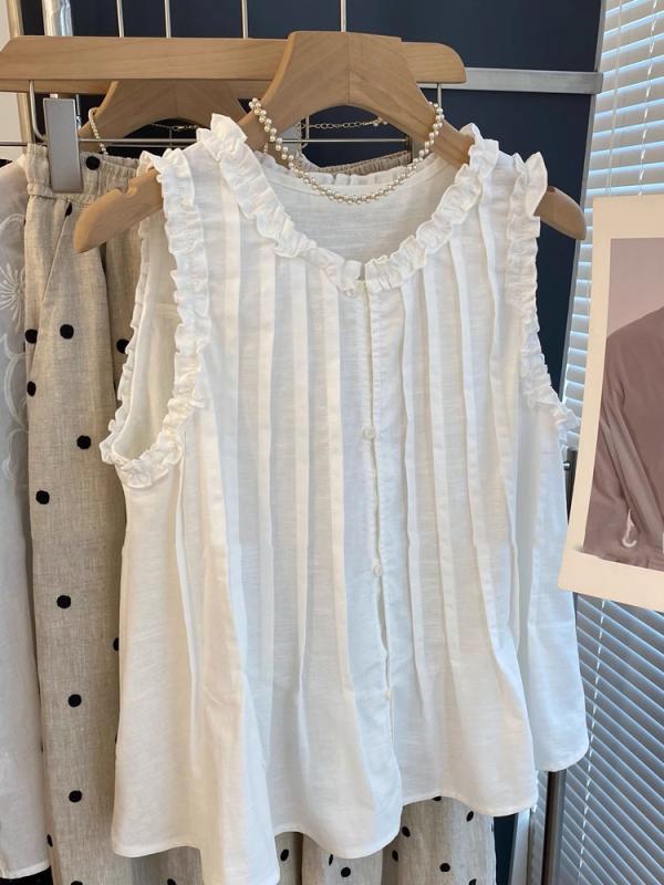 ノースリーブ ブラウス 韓国 東大門 かわいい フリル 木耳エッジ ゆったり コットン リネン 無袖 女性用 スリム 効果 Aライン シャツ トップス 甘め スタイル 軽量 通勤 普段使い 春夏