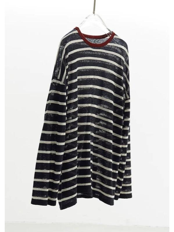 長袖Tシャツ トップス 女性用 ストライプ柄 切り替えデザイン コットン麻 混紡素材 ゆったりシルエット 春夏 軽量 通勤 普段使い カジュアル 吸湿速乾 伸縮性 ブラック ネイビー グレー