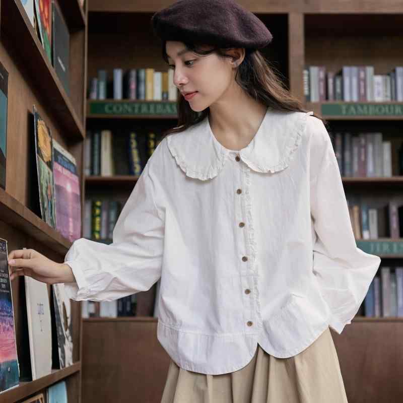 長袖ブラウス 女性用 秋冬 復古 花柄レース フリルカラー かわいい 甘め 減齢効果 柔らかい コットン混 ゆったりシルエット 普段使い 通勤 トップス シャツ ドルマンスリーブ 軽量 伸縮性