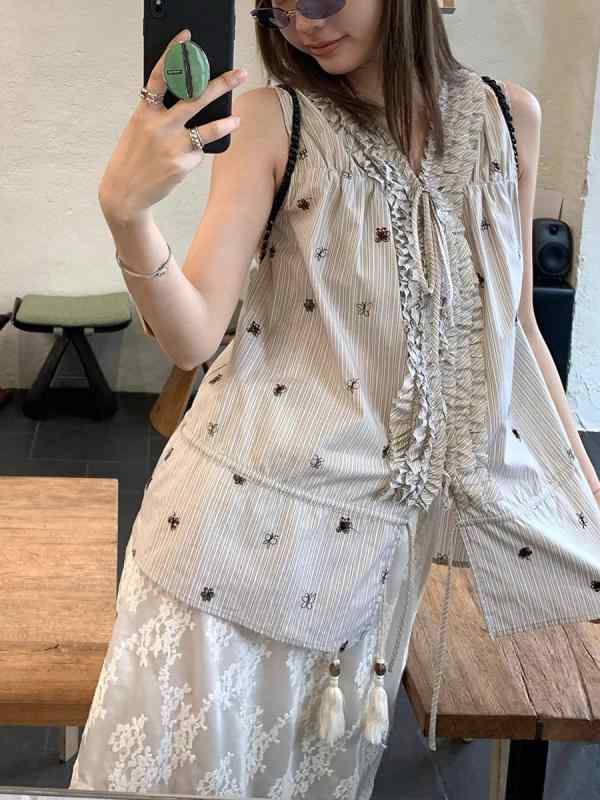 レディース 無袖 プルオーバー トップス 刺しゅう 縞模様  木耳境界線 夏 春夏 綿 吸湿速乾 軽さ ビッグ影ぼうし トップ 下着類 普段使い走り 通い 愛くるしい 亭主もち用