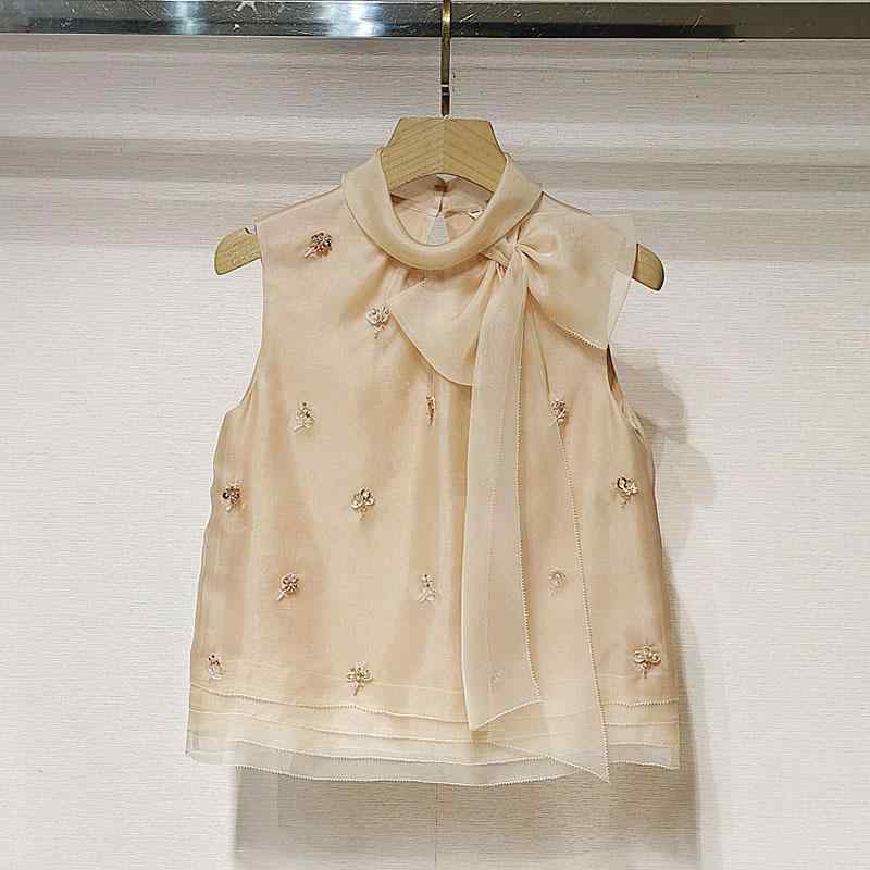 春夏 レディース 無袖 ブラウス トップス ピンク 蝶結び デザイン 精致 かわいい 切り替え 綿素材 軽量 吸湿速乾 通勤 普段使い ビッグシルエット Vネック 柔らかい 肌触り シンプル フェミニン スタイル