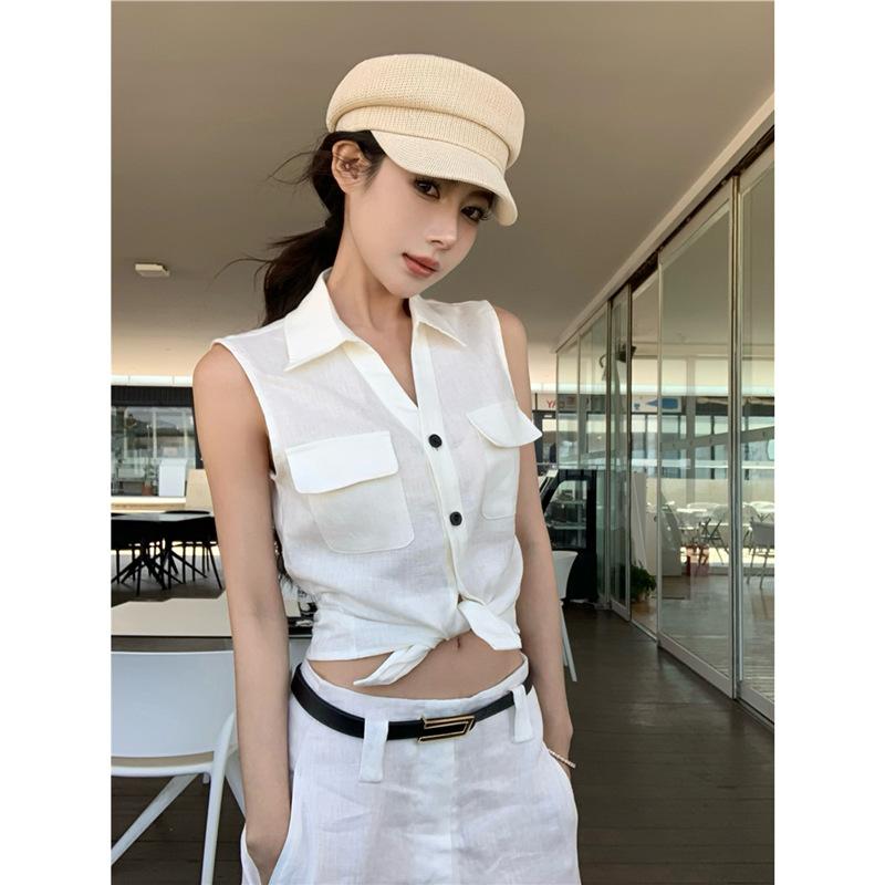 トップス レディース 夏 春夏 ファッション セット ホワイト ゆったり 気品 ポロ 襟 ノースリーブ シャツ ブラウス 接触冷感 軽量 吸湿速乾 綿素材 カジュアル 普段使い 通勤 ビッグシルエット Vネック