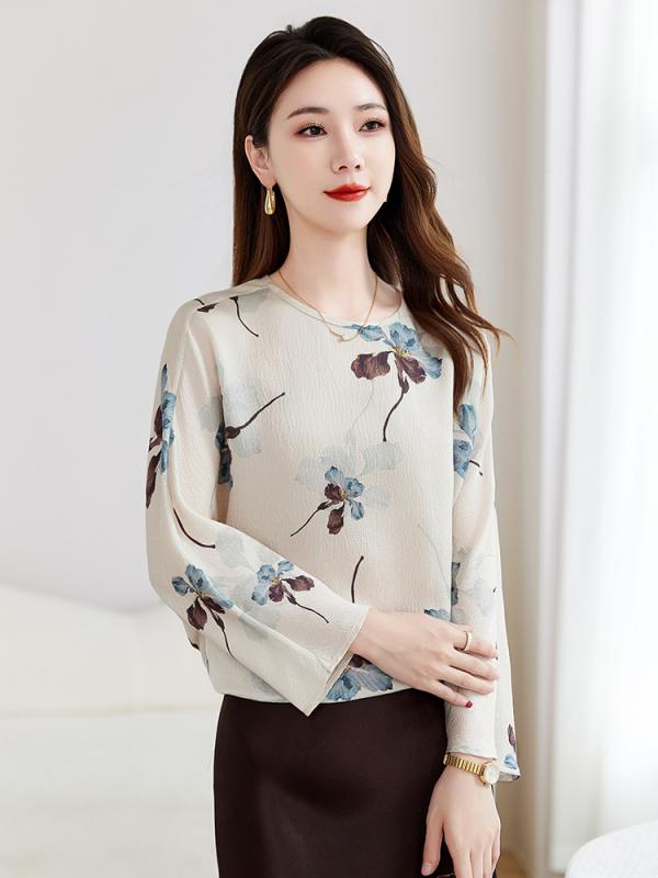 ブラウス 女性用 真? シャツ トップス 小衫 ファッション プリント Tシャツ 桑蚕? 上衣 軽量 吸湿速乾 再生繊維 シルク調 春夏 ビッグシルエット 花柄 ブラック ピンク系 アイボリー 通勤用 普段使い 部屋着
