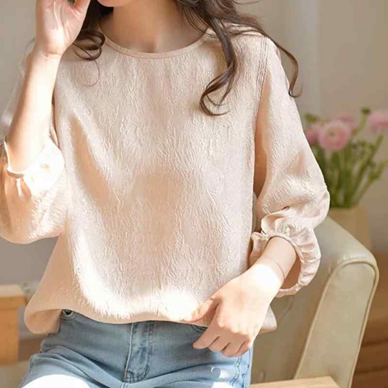 春夏 女性用 真? シャツ 灯?袖 提花 トップス 切り替え 小衫 軽量 通気性 再生繊維 ビッグシルエット Vネック ブラック ピンク系 アイボリー カジュアル 普段使い