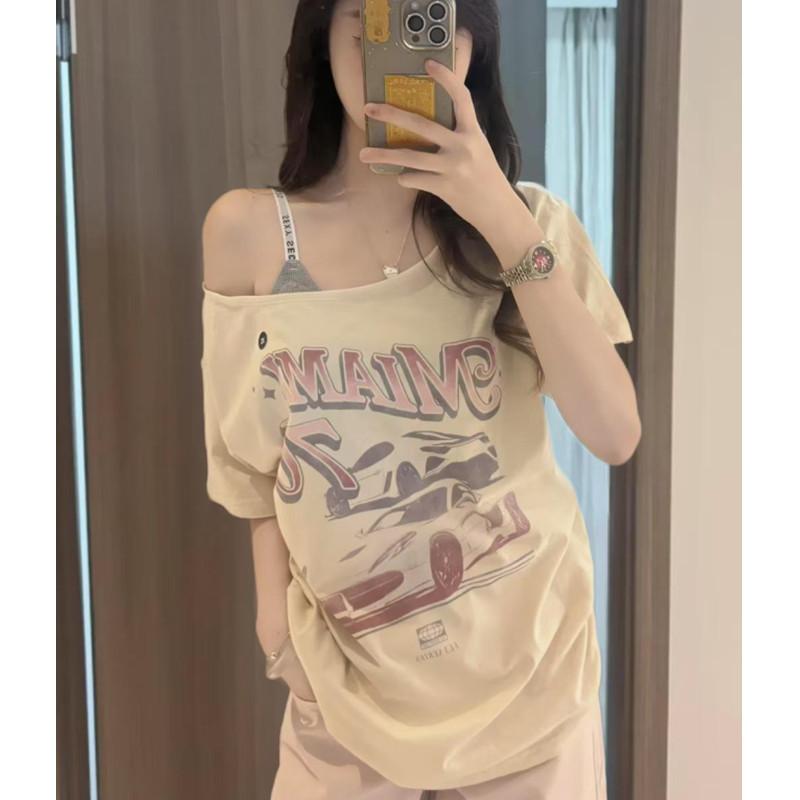 Tシャツ 女性用 2025春夏 アメリカンスタイル セクシー ワンショルダー 斜め肩 短袖 ルーズフィット トップス ワイドシルエット コットン混 軽量 通勤 普段使い カジュアル