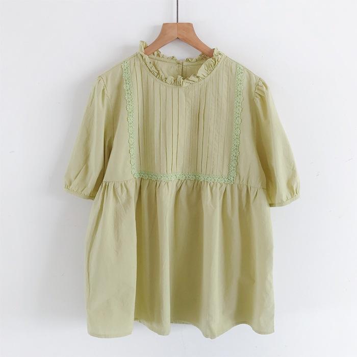 ブラウス 女性用 春夏 通勤 かわいい 木の耳レース スタンドカラー ゆったり レース 半袖 シャツ トップス 綿混 軽量 吸湿速乾 ピンク系 アイボリー