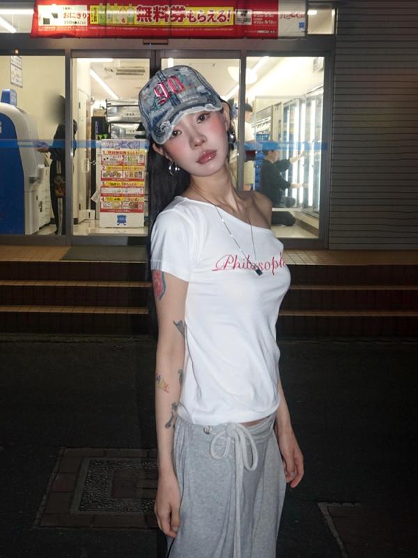 Tシャツ 女性用 春夏 接触冷感 肩出し 斜めVネック 切り替え プリント 短袖 トップス かわいい 軽量 伸縮性 吸湿速乾 ピンク系 ブラック アイボリー 通勤用 普段使い カジュアル 部屋着