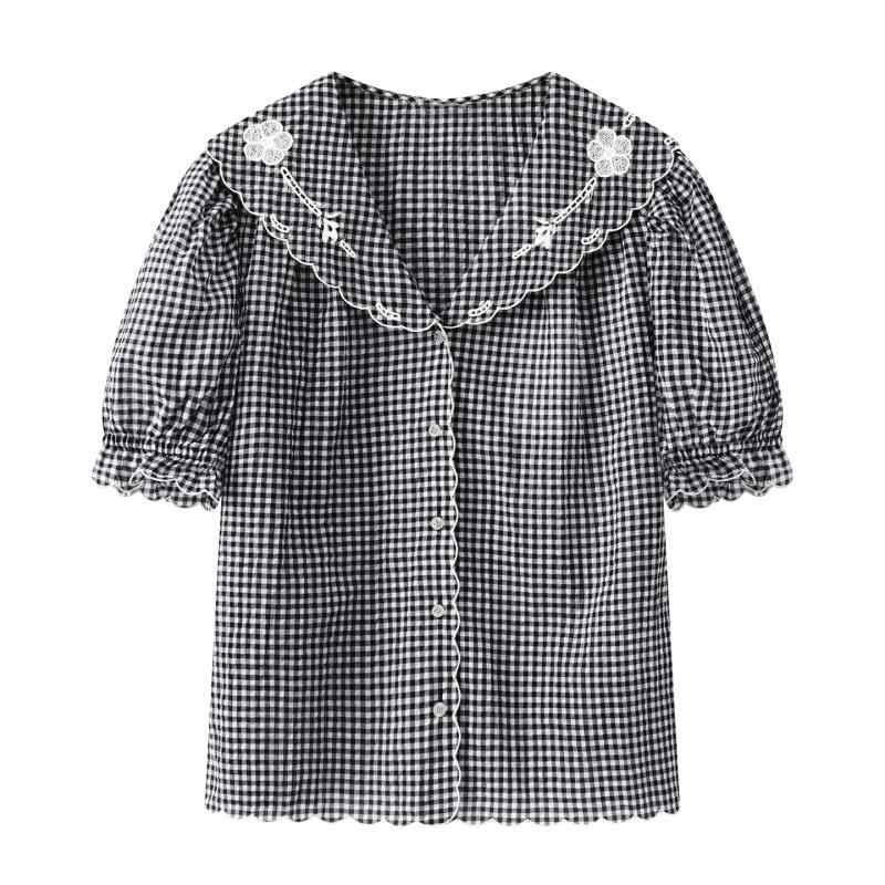 秋冬 トップス シャツ レディース シンプル ラッフルネック チェック柄 レース 短袖 綿素材 吸湿速乾 軽量 ハイネック カジュアル 通勤用 普段使い ブラック ピンク系 アイボリー ビッグシルエット Vネック