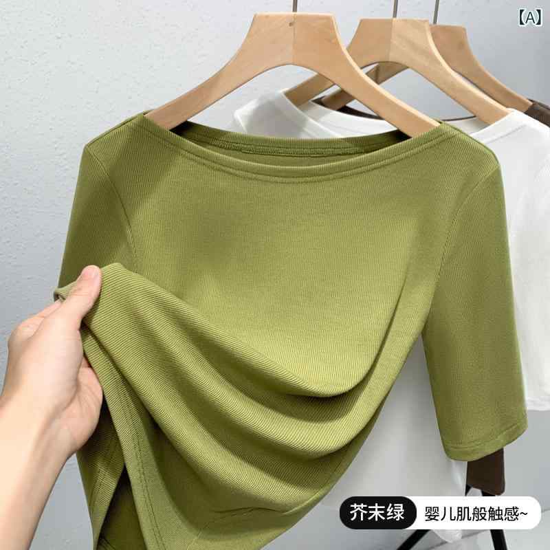 半袖 トップス 女性用 春夏 肩出し デザイン 伸縮性 修身 上衣 軽量 接触冷感 綿混 ピンク系 ブラック アイボリー 普段使い 通勤 カジュアル スタイル