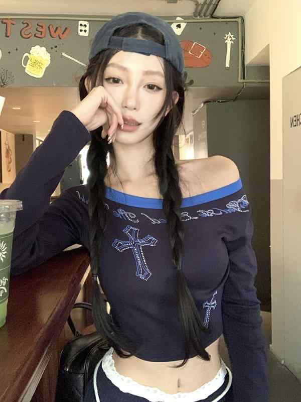 レディース トップス スパイシー スタイル 肩出し Tシャツ 収腰 スリム フィット インナー シャツ 切り替え プリント ビーズ 装飾 綿素材 伸縮性 春夏 普段使い かわいい デザイン