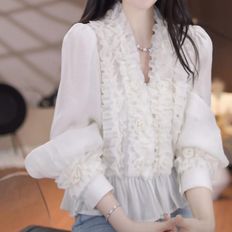 シャツ レディース デザイン性 小物 フリル Vネック 春夏 韓国 ファッション ゆったり 気質 トップス 女性用 軽量 伸縮性 綿混 ハイネック ロングスリーブ カジュアルスタイル 通勤用 普段使い ブラック ホワイト ピンク系 アイボリー ビッ