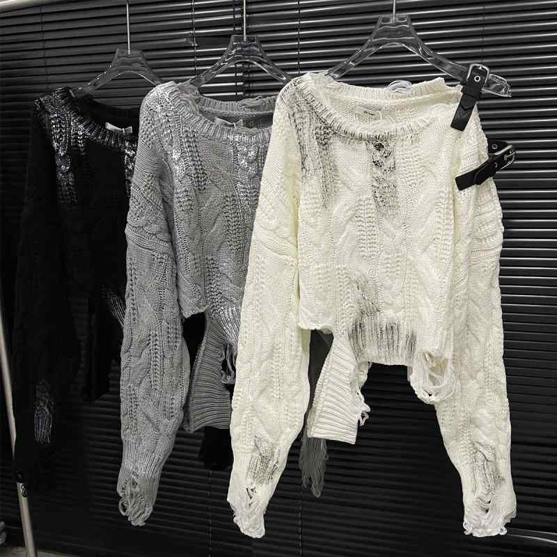 ニット トップス 女性用 アメリカンスタイル ゆったり 肩出し デザイン 毛糸 セーター かぎ針編み シャツ ブラウス 長袖 ルーズフィット ファッション 柔らかい素材 伸縮性 秋冬 普段使い