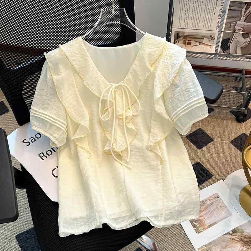 春夏 レディース シャツ Vネック フレンチスタイル 復古 ドローストリング フリル 甘め スリム 薄手 トップス 軽量 吸湿速乾 コットン混 ブラウス カジュアル フェミニン 袖口ギャザー ボディス ピンク系 アイボリー ベージュ 通勤 普段使い 涼し