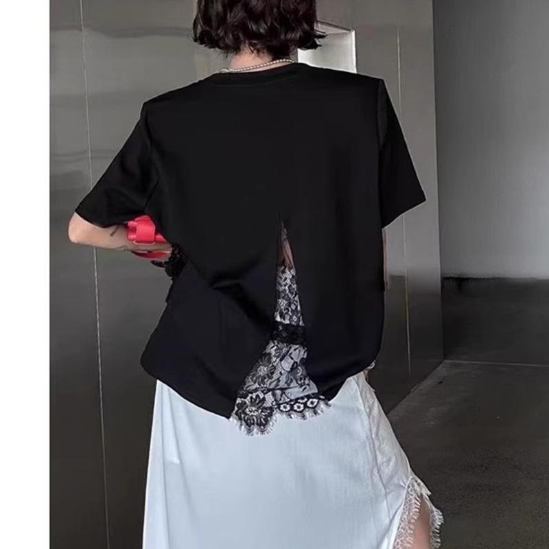 Tシャツ レディース 春夏 短袖 Vネック 切り替え レース バックスタイル 開き ワイドシルエット ゆったり 休日用 コットン混 綿素材 軽量 伸縮性 吸湿速乾 シンプルカラー ブラック ホワイト ピンク グレー イエロー 普段使い ルームウェア カジ