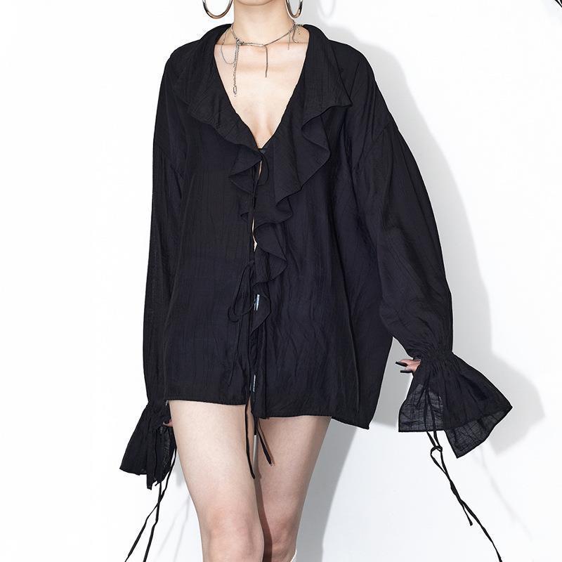 レディース シャツ トップス 春夏 春 軽量 薄手 綿 素材 Vネック ラッフル デザイン ウエスト ストラップ ルーズ フィット ブラック ブルー カラー 日常 使い 春物 女性 服