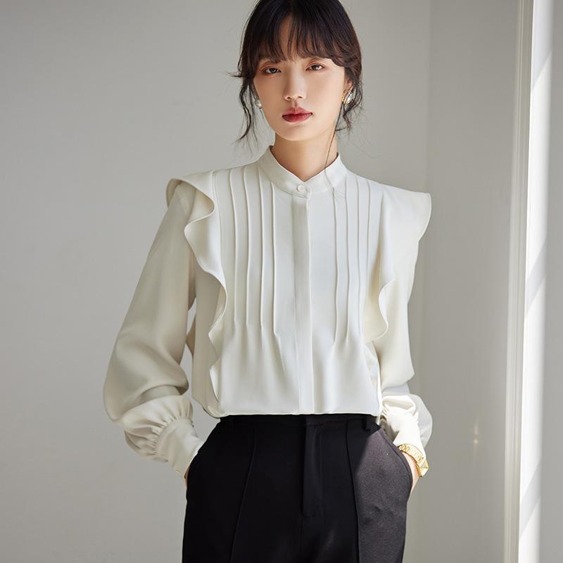 トップス お上さん用 白いこと フラウンス 長袖 シフォン トップ 春夏 軽さ 透け感 女子らしい  日常使い走り パステル色の原料品 今めかしい ティーシャツ はだ着 カットソー