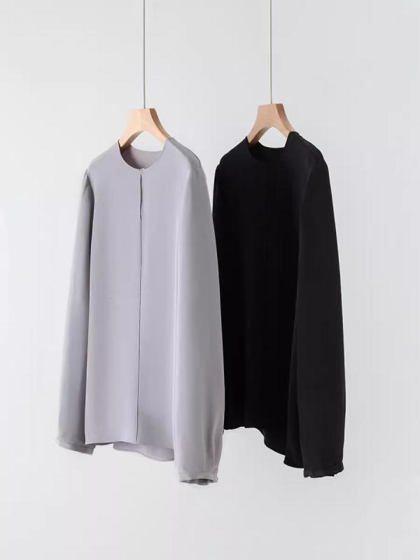 ブラウス 女性用 真? 桑蚕? 再生繊維 秋冬 ワイドシルエット Tシャツ トップス 気質 通勤用 長袖 ラウンドネック ゆったり 軽量 吸湿速乾 切り替え デザイン ブラック ピンク系 アイボリー カジュアル スタイル