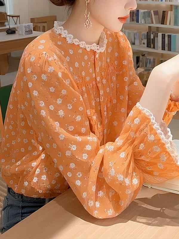シャツ 女性用 春夏 フレンチスタイル ビビッドオレンジ 花柄 トップス かわいい レース 切り替え 小衫 軽量 コットン 素材 ハイネック フレア 袖 ルーズ フィット 普段使い 通勤 コーデ