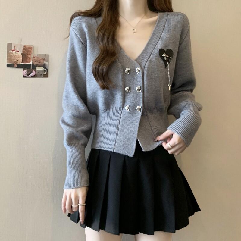 レディース Vネック ニット カーディガン セーター 春秋 グレー系 ショート丈 ゆったり 大きめサイズ トップス 軽量 伸縮性 普段使い コーディネート