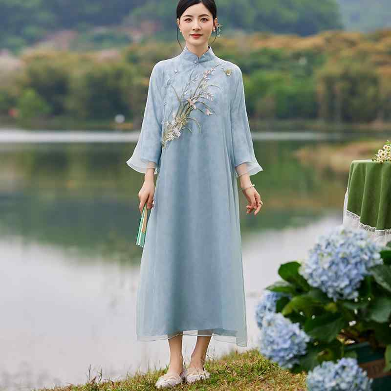 瀬戸ものお召しもの レディース 刺しゅう 春夏 精致 吸い付ける的 照明ランプ色合い 中長 衣装 延性のある シフォン お上さん用 軽さ 吸湿速乾 うつり変わり  愛くるしげ 普段使い走り 通い 通年