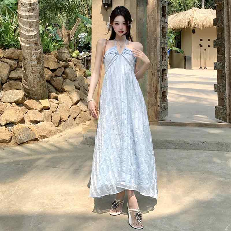 ワンピース 春夏 レディース 浅いブルー チェック柄 吊り下げ ストラップ 長丈 森系 かわいい 精致 ファンタジー 軽量 コットン混 ハイウエスト フレアシルエット 通勤用 普段使い 吸湿速乾 ビッグシルエット