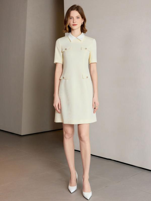 ワンピース レディース 春夏 アイボリー フレンチスタイル フラップカラ トップス 職業服 通勤服 仕事着 高級感 軽量 綿混素材 ハイウエスト ビッグシルエット 伸縮性 接触冷感 吸湿速乾 普段使い カジュアルスタイル｜リバーパディ