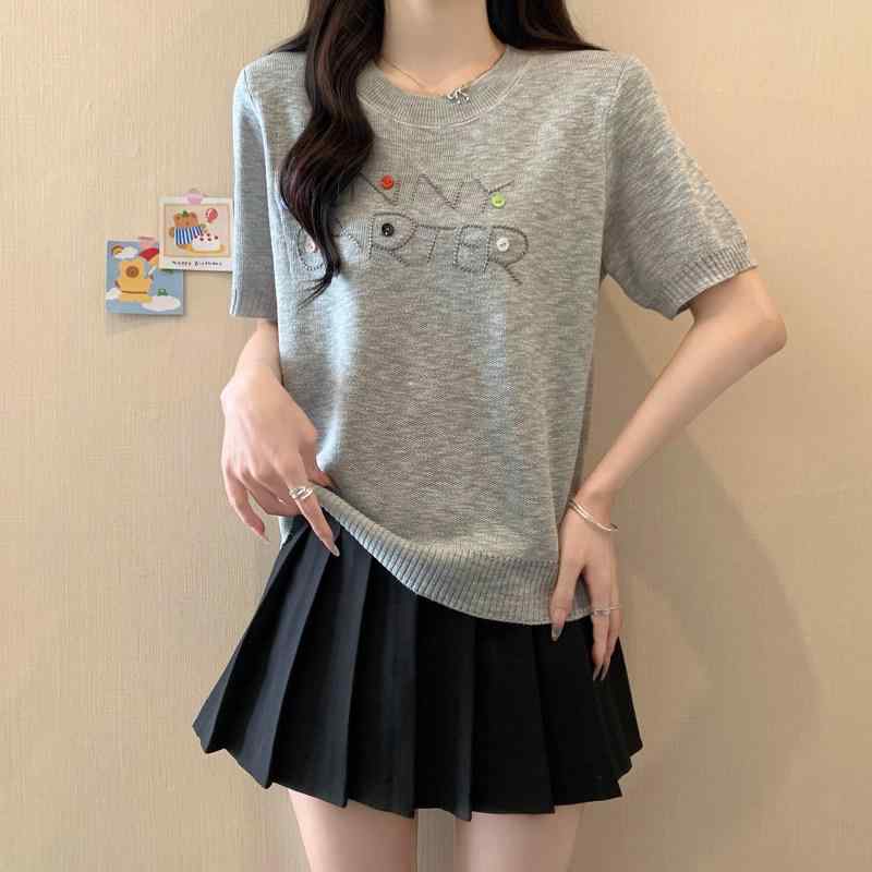 レディース プラスサイズ 薄手 半袖 接触冷感 ニット Tシャツ アルファベット刺繍 カジュアル 正肩 スリム見せ トップス 普段使い サマー
